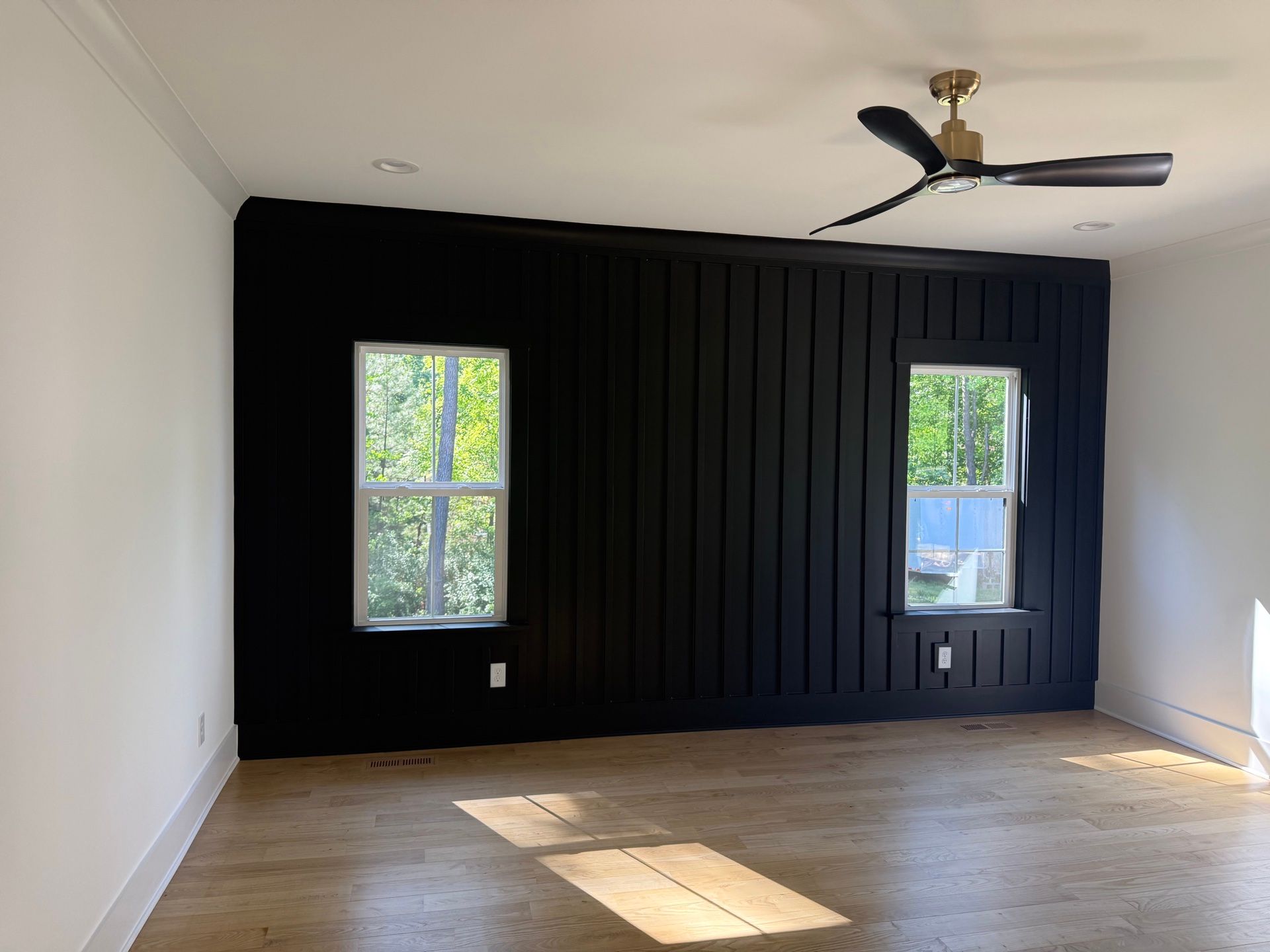 Interior Painting — floor-to-ceiling shiplap accent wall in matte black, bright white trim in Durham, NC