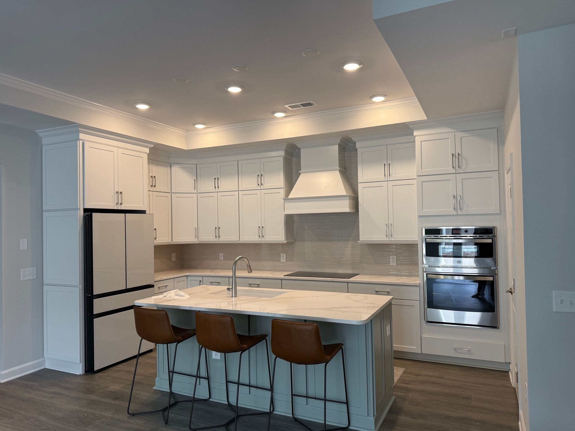 Cabinet Painting — white perimeter cabinets and blue-gray island in Chapel Hill, NC